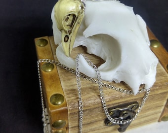 Antiqued resin crow skull pendants, handpainted, available with silver tone chain or faux leather chord