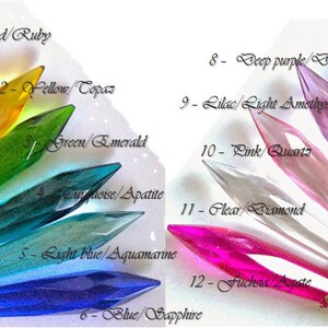 May include: Twelve crystal points in various colors, including red, yellow, green, blue, purple, and clear. Each point is labeled with a number and the corresponding gemstone name, such as "Red Ruby", "Yellow/Topaz", and "Black/Onyx".