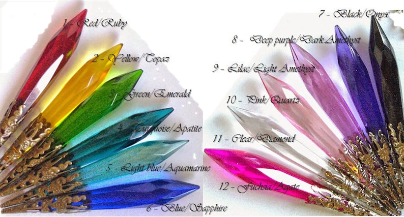 May include: Twelve crystal points in various colors, including red, yellow, green, blue, purple, and clear. Each point is labeled with a number and the corresponding gemstone name, such as "Red Ruby", "Yellow/Topaz", and "Black/Onyx".