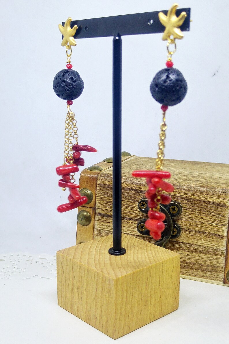 Golden starfishes long earrings with red coral and lava stone black beads