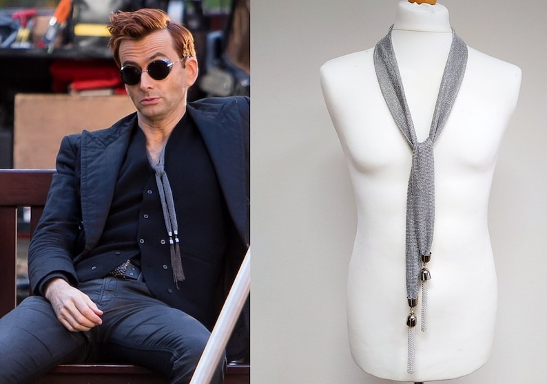 Good Omens inspired silver tie scarf, as worn by David Tennant Crowley. Cosplay prop, made to order. image 1