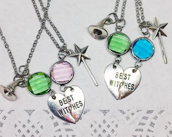 Niegrzeczne, najlepsze czarownice – zawieszki przyjaźni Elphaba i Glinda z różowych i zielonych kryształów fasetowanych