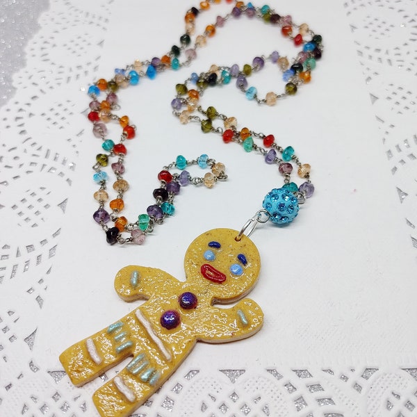 Gingy: Shrek-Inspired Gingerbread Man long necklace with crystal beads rosary chain