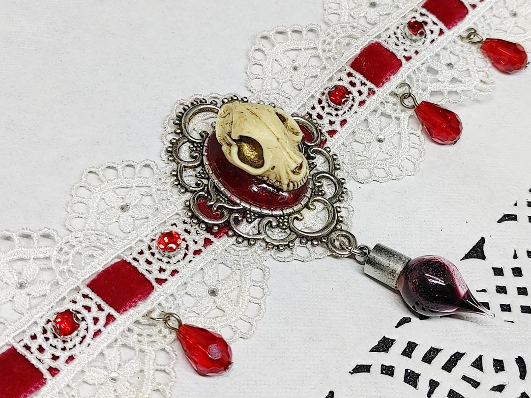 Victorian Gothic Choker - Vampire Bride Necklace, White Lace and Red ...