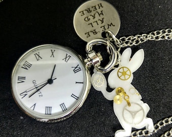 Alice in Wonderland inspired pocket watch necklace, with resin steampunk-style White Rabbit and hand stamped quote pendant