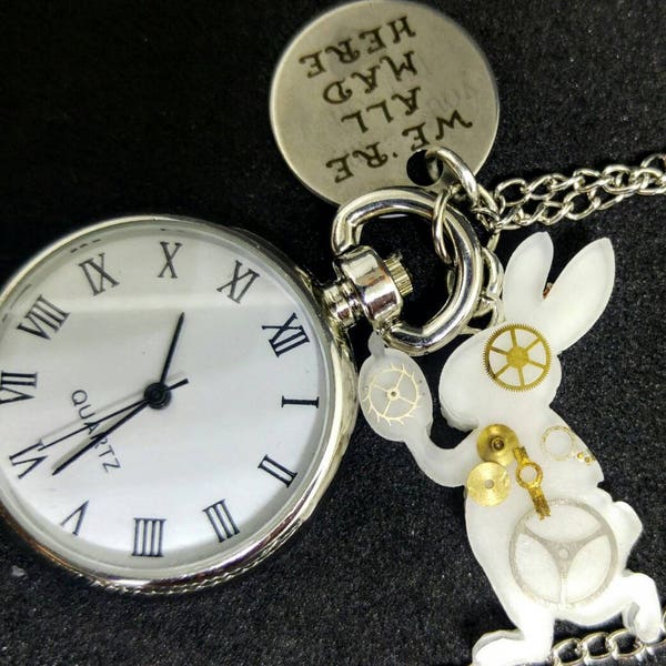 Alice in Wonderland inspired pocket watch necklace, with resin steampunk-style White Rabbit and hand stamped quote pendant