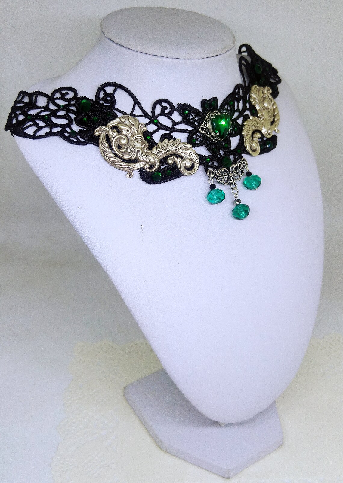 Victorian Gothic Black Lace Choker With Green Crystals, Decorated With ...