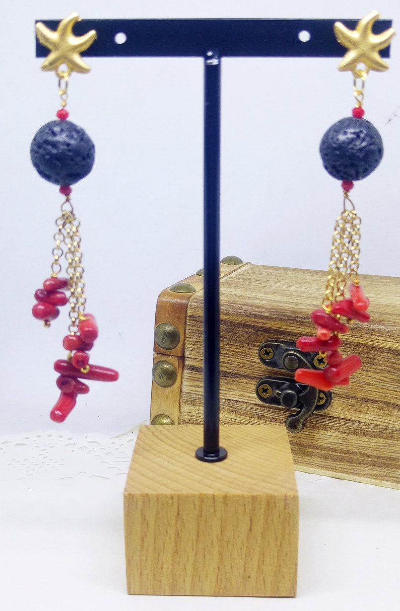 Golden starfishes long earrings with red coral and lava stone black beads