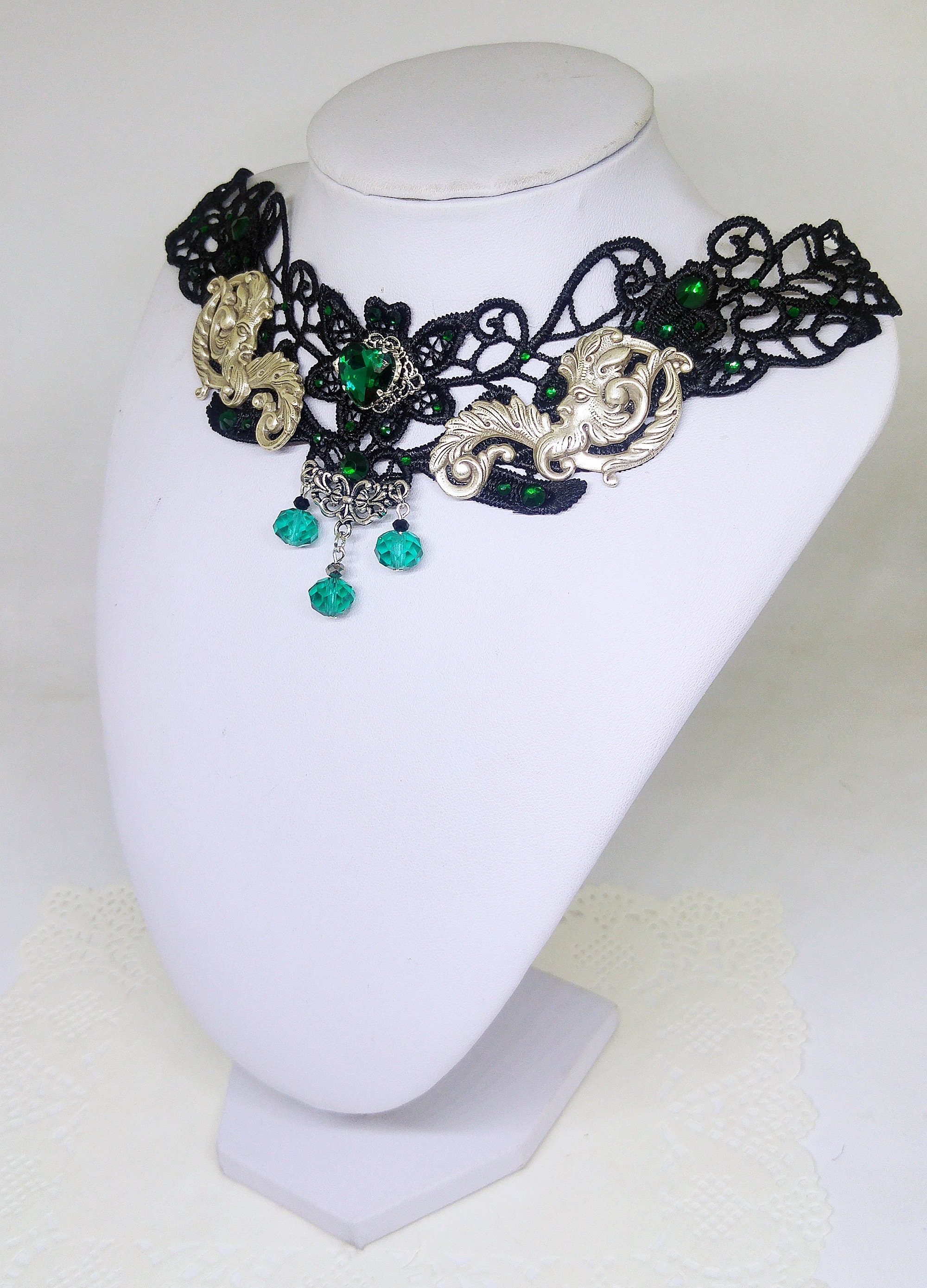 Victorian Gothic Black Lace Choker With Green Crystals, Decorated With ...