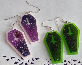 Glow in the dark resin coffin pendant earrings, Spooky jewelry with glitters