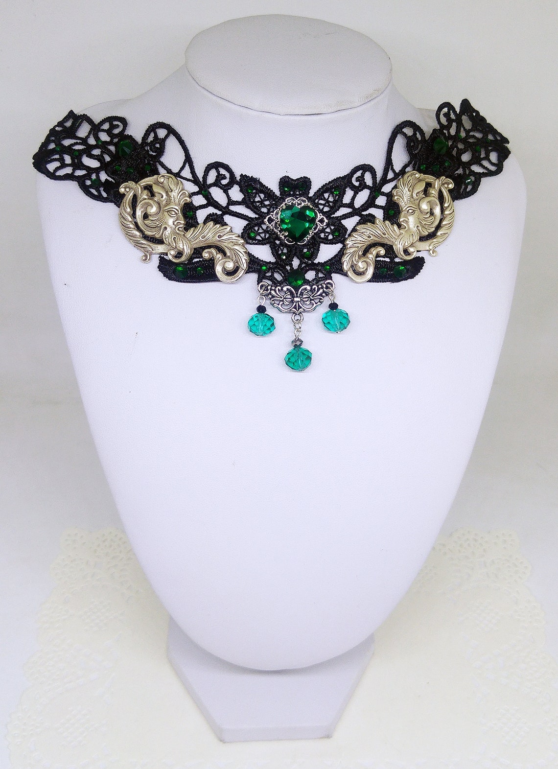 Victorian Gothic Black Lace Choker With Green Crystals, Decorated With ...