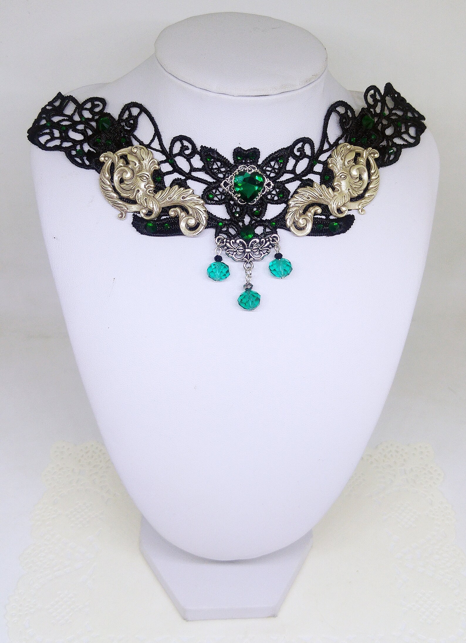 Victorian Gothic Black Lace Choker With Green Crystals, Decorated With ...