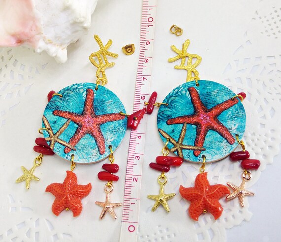 Paire De Boucles D'oreilles Pendantes – Motif Disque Peint Poisson – Neuf Avec étiquettes