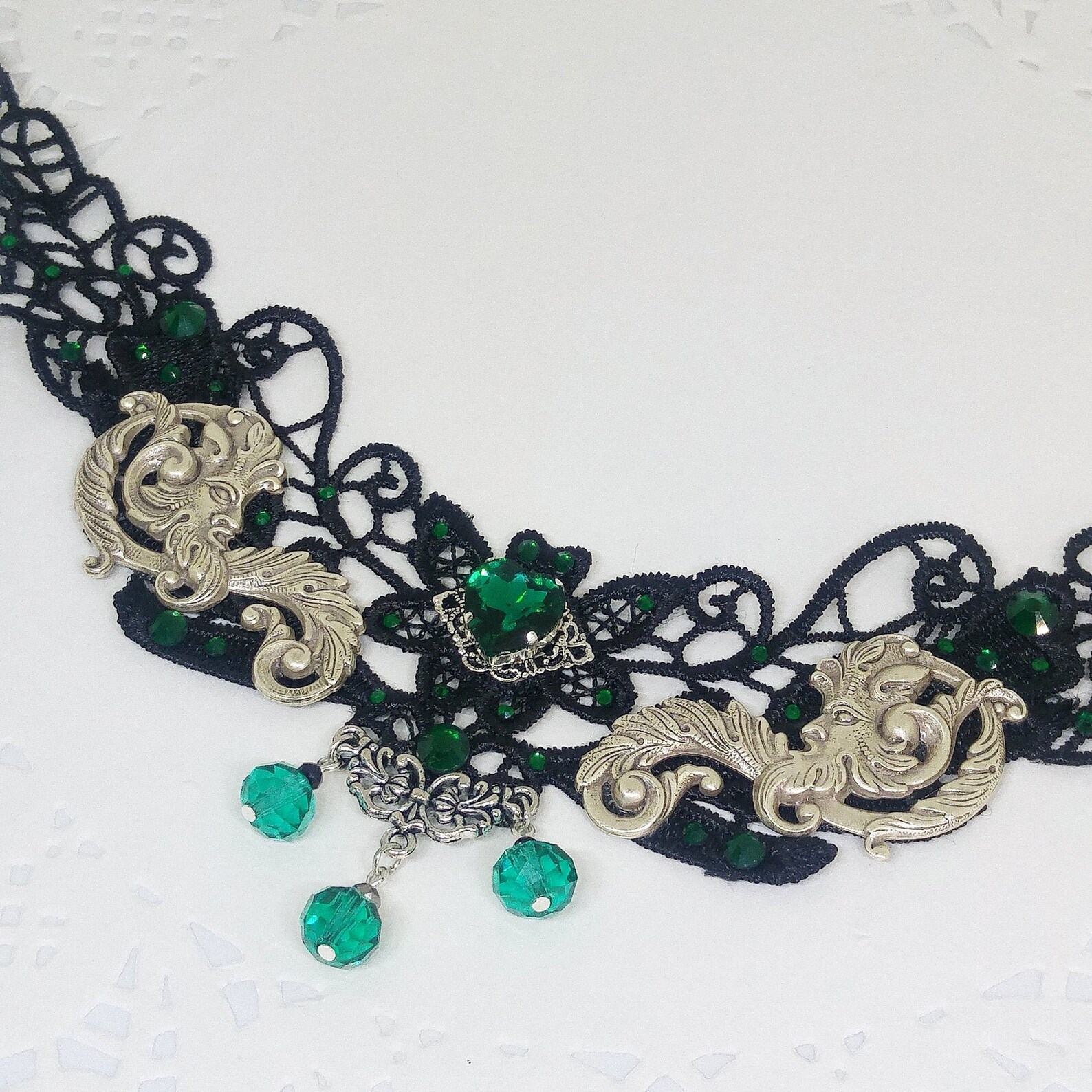 Victorian Gothic Black Lace Choker With Green Crystals, Decorated With ...