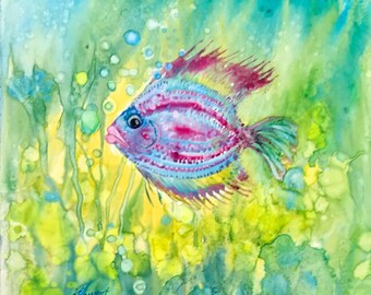 Tropical fish original watercolour, coral reef, ocean life, aquarium fish, colourful fish OOAK art