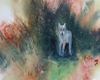 Wolf original painting, direwolf, hunting, husky, wild dog, coyote in woods, grey wolf, canine, OOAK art