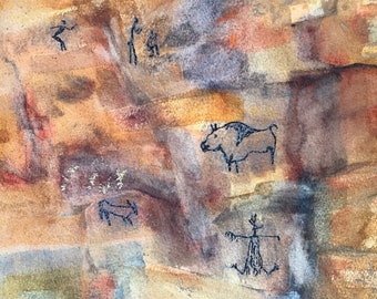 Cave drawings original art, archaeology theme, prehistoric animals, petroglyphs, Neanderthal painting, stone age