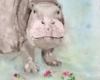 Smiling hippo original watercolour, cute hippo and flowers, hippopotamus original, hippo love, happy art, smile!