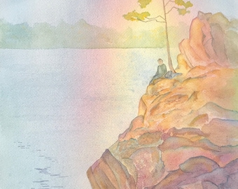 Wanderlust art, hiking, rocky shore, sunrise on lake original watercolour, rock climbing, break time, original art!