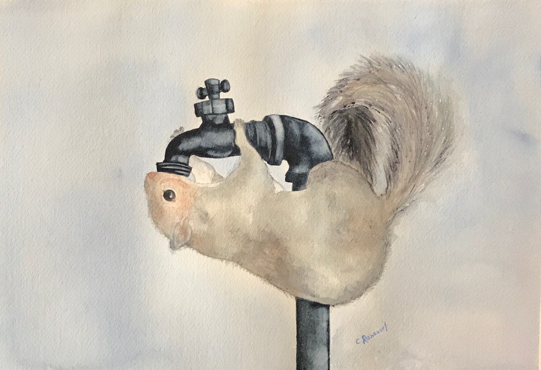 Thirsty Squirrel Drinking at Tap Painting, Whimsical Animal, Quirky ...