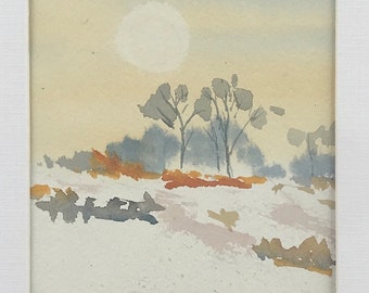 Small Winter landscape original watercolour, winter forest watercolour trees, winter sun, scenic winter, minimalist decor, 11x14 mat