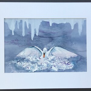 Mute swan landing original watercolour, winter swan on lake, majestic swan, white swan splashing, blue white decor OOAK art image 5