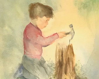 Little carpenter original watercolour, boy with hammer, kids room, carpentry, Mr Fix It, hammer and nail