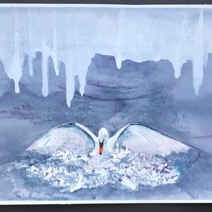 Mute swan landing original watercolour, winter swan on lake, majestic swan, white swan splashing, blue white decor OOAK art image 2