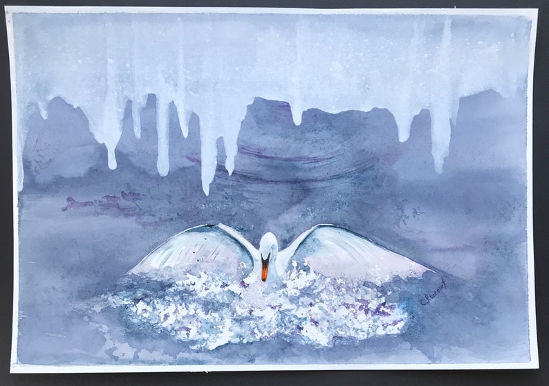 Mute swan landing original watercolour, winter swan on lake, majestic swan, white swan splashing, blue white decor OOAK art image 2