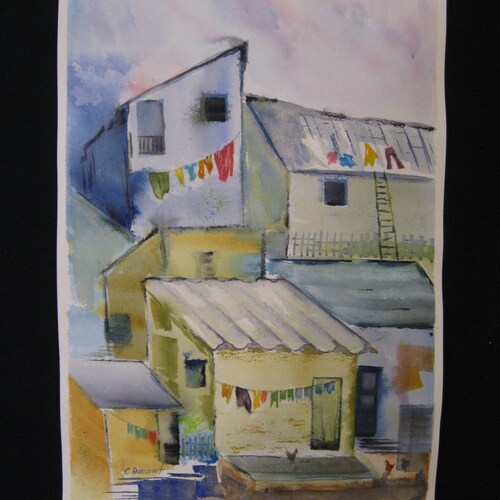 Abstract urban art/ travel art/ colourful favela/ clotheslines/ laundry/ wash day/ shops poverty housing/ favela watercolor/ Brazil/ shanty town