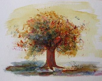 Large tree art with cardinal original watercolour, tiny red bird, fall colours tree, solitary tree, OOAK art