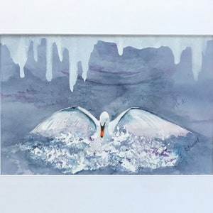 Mute swan landing original watercolour, winter swan on lake, majestic swan, white swan splashing, blue white decor OOAK art image 4