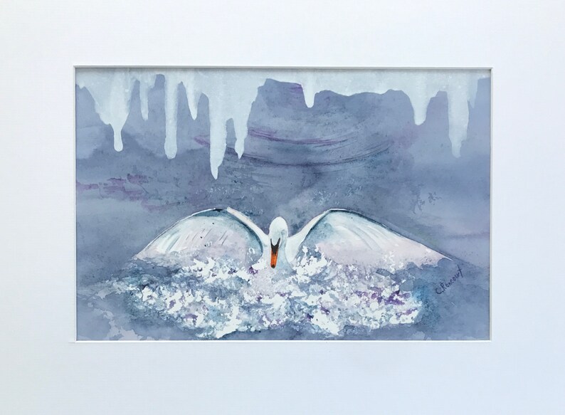 Mute swan landing original watercolour, winter swan on lake, majestic swan, white swan splashing, blue white decor OOAK art image 4