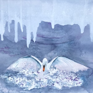 Mute swan landing original watercolour, winter swan on lake, majestic swan, white swan splashing, blue white decor OOAK art image 1