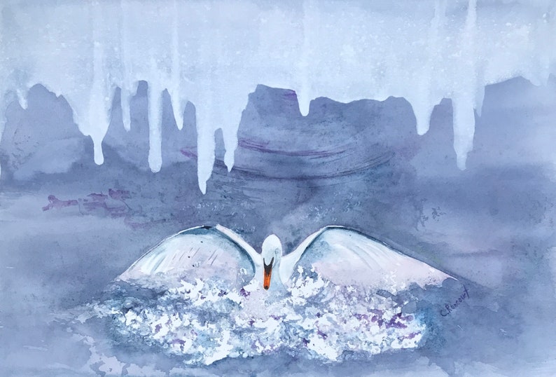 Mute swan landing original watercolour, winter swan on lake, majestic swan, white swan splashing, blue white decor OOAK art image 1