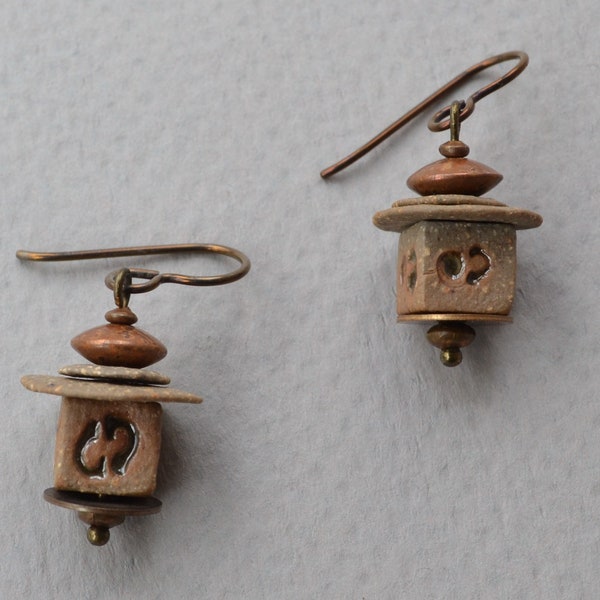 Lantern Earrings with Handmade Stoneware Beads, Copper and Brass Components, and Niobium 20 gauge Earwires