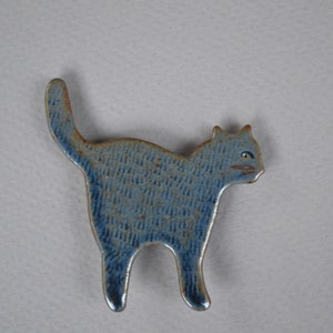 Handmade Cat Brooch made of Stoneware with Blue Satin Glaze
