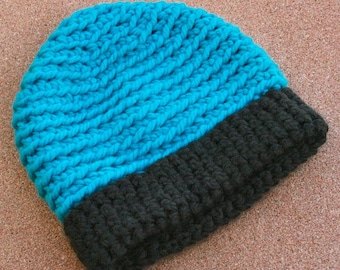 Teal Beanie with Chocolate Brim--Adult Size