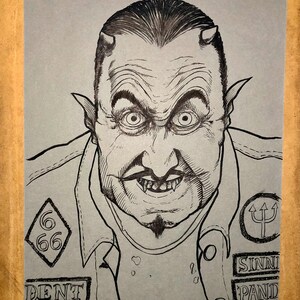 May include: Black and white illustration of a man with horns, a goatee, and a sinister grin. He is wearing a jacket with patches that say "666", "Sinners", and "Deatht", and a trident symbol.