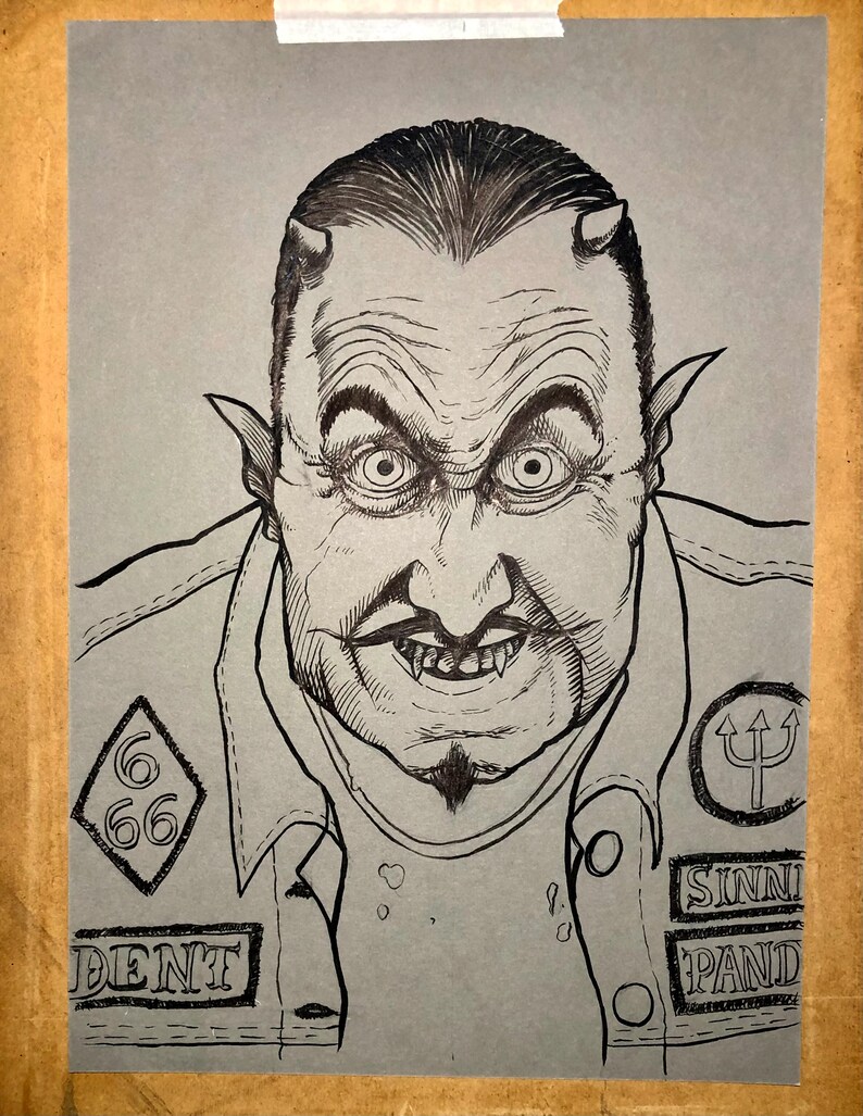 May include: Black and white illustration of a man with horns, a goatee, and a sinister grin. He is wearing a jacket with patches that say "666", "Sinners", and "Deatht", and a trident symbol.