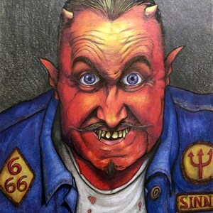 May include: A red-skinned man with horns and a devilish grin, wearing a blue denim jacket with patches that say "666" and "Sinners" and a white t-shirt with blood splatters.