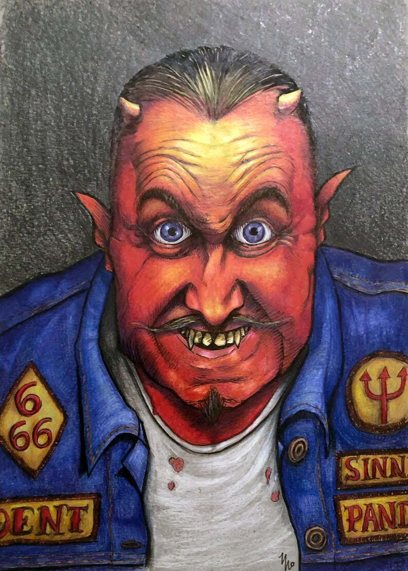 May include: A red-skinned man with horns and a devilish grin, wearing a blue denim jacket with patches that say "666" and "Sinners" and a white t-shirt with blood splatters.