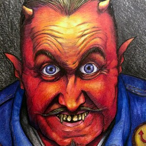 May include: A red-skinned man with horns and a goatee, wearing a blue denim jacket with a yellow patch. He has a mischievous grin and sharp teeth.