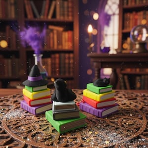 Puede incluir: Tres pilas de libros coloridos coronadas con un gato negro, un sombrero de bruja y un cuervo. Los libros son de varios colores, incluyendo verde, amarillo, rojo y morado. El fondo presenta una biblioteca.