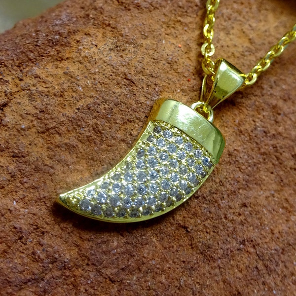 Gold Stainless Steel Pave Cubic Zirconia Shark Tooth Necklace