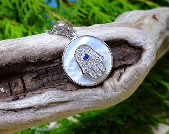 Small Silver .925 Mother of Pearl Crystal Hamsa Pendant Necklace