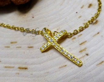 Gold Zirkonia (CZ) Sterling Silber Band Kreuz Anhänger Halskette