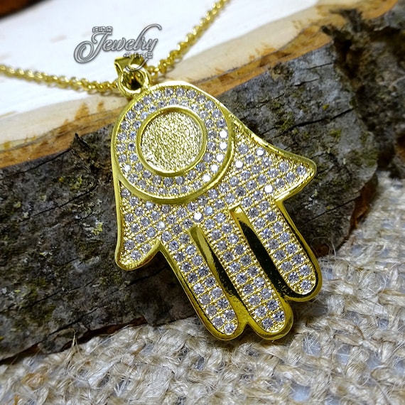 Crystal Open Palm Hamsa Pendant Gold Necklace Etsy