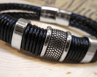 Black Braided Leather Men’s Bracelet with Stainless Steel lines