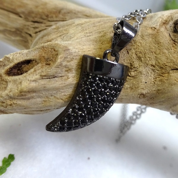 Black Stainless Steel Pave Cubic Zirconia Shark Tooth Necklace